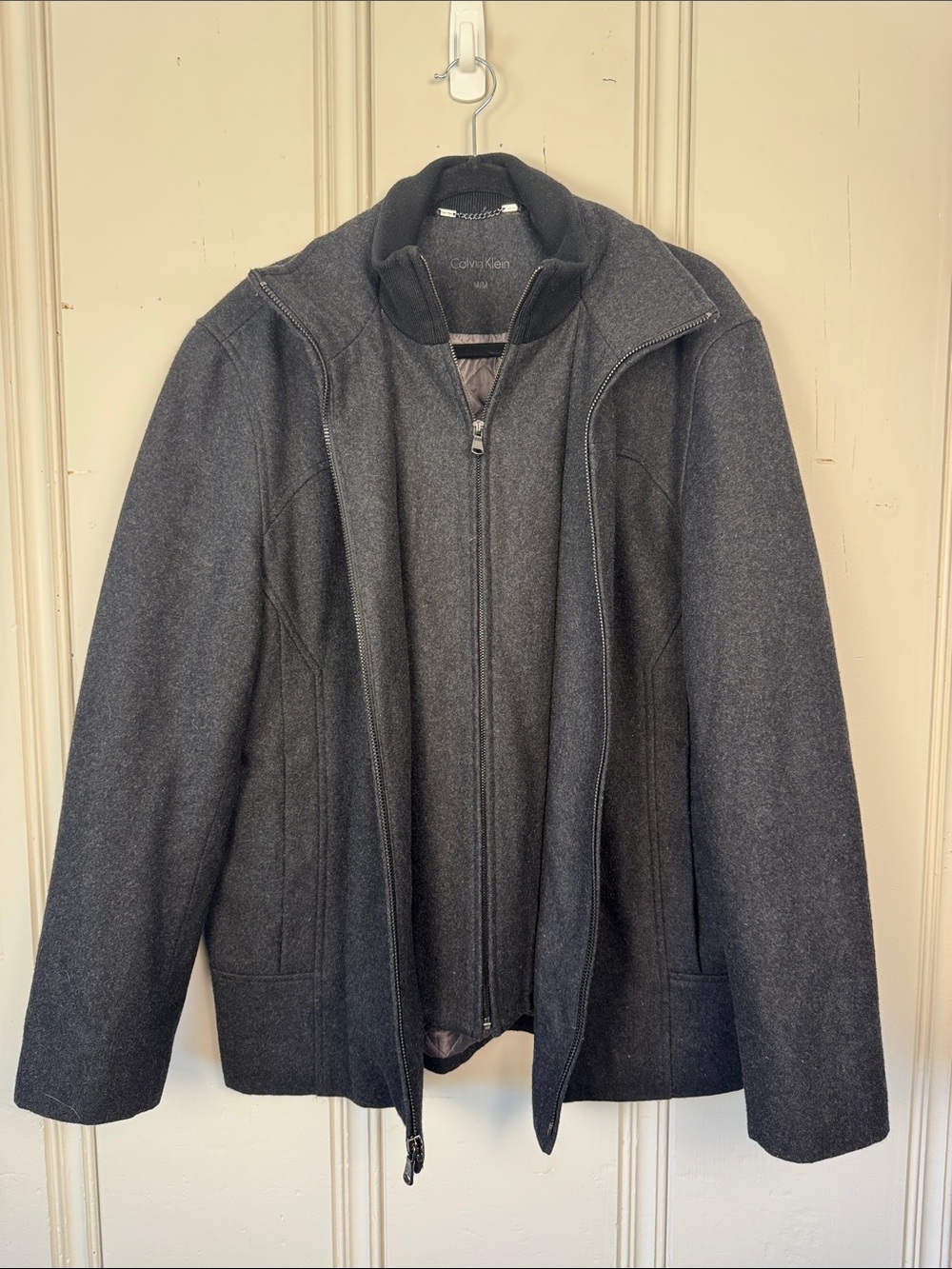 Calvin Klein Mens Wool Blend Jacket Medium Gray Zip Front Quilted Lined Coat